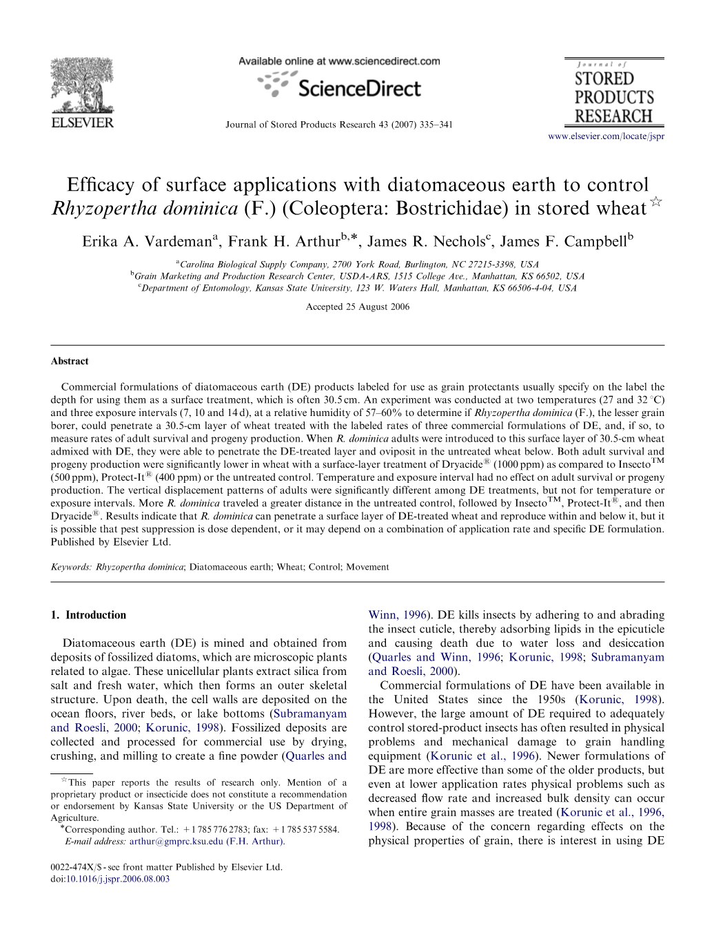 Efficacy of Surface Applications with Diatomaceous Earth to Control Rhyzopertha Dominica