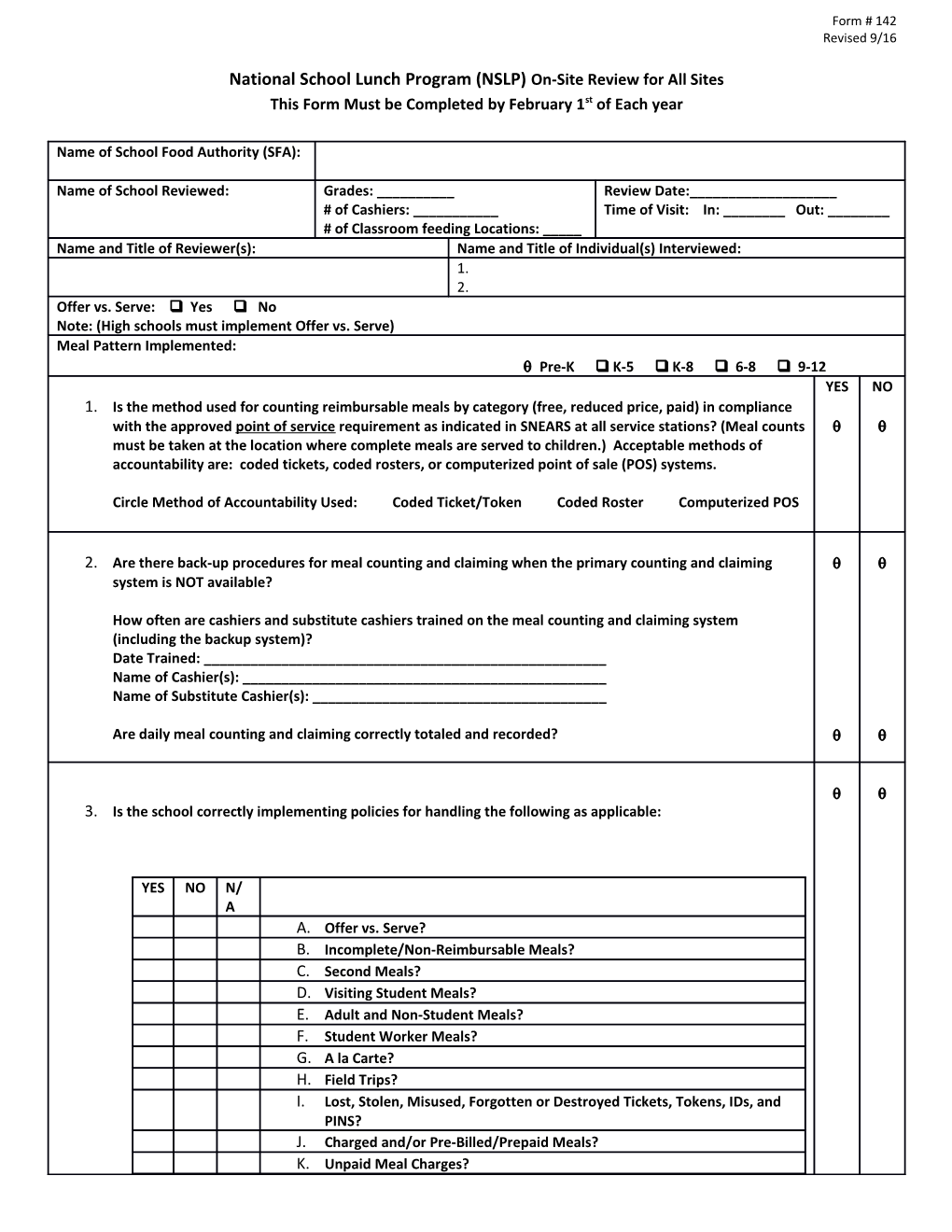 National School Lunch Program (NSLP) On-Site Review for All Sites