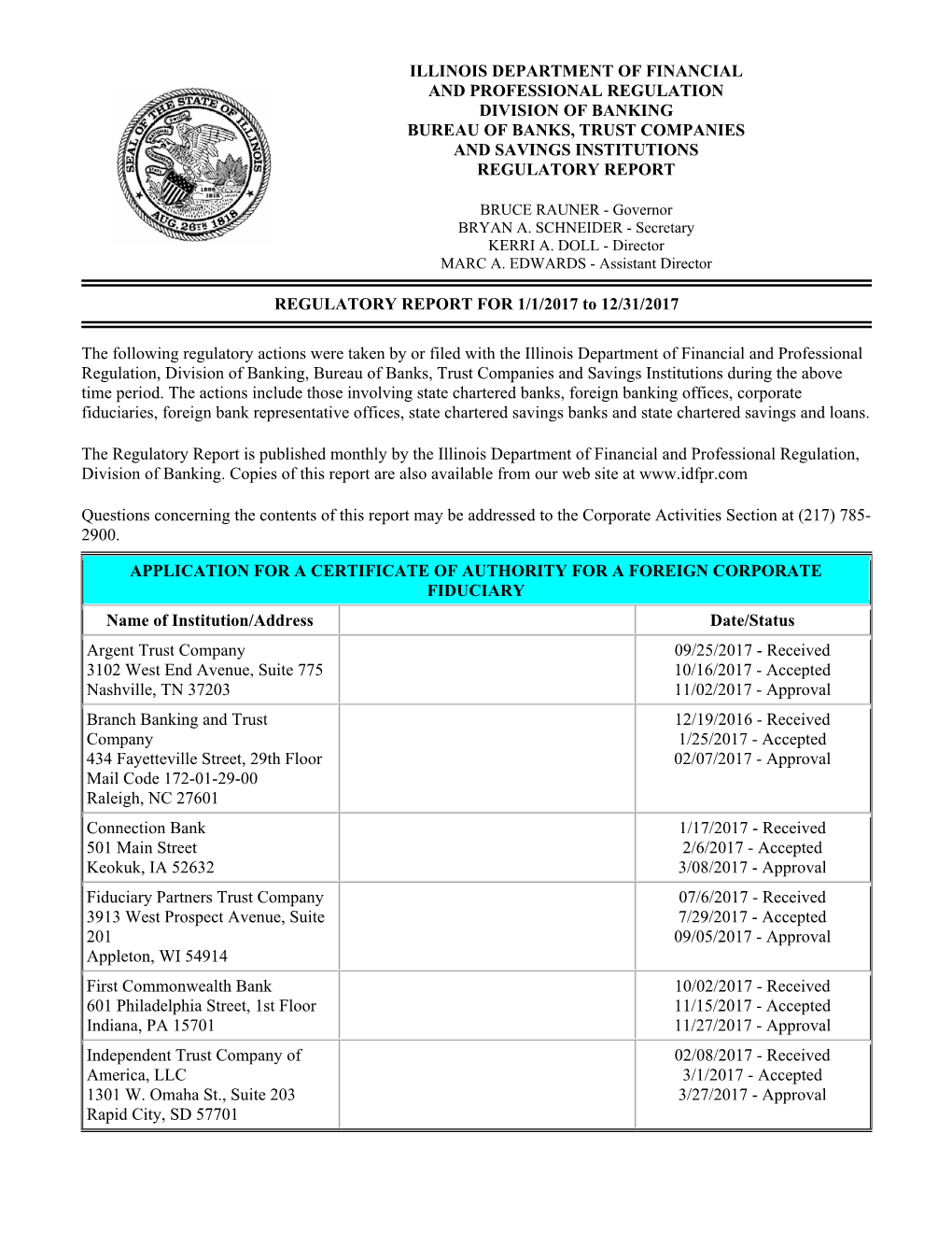 Illinois Department of Financial and Professional Regulation Division of Banking Bureau of Banks, Trust Companies and Savings Institutions Regulatory Report