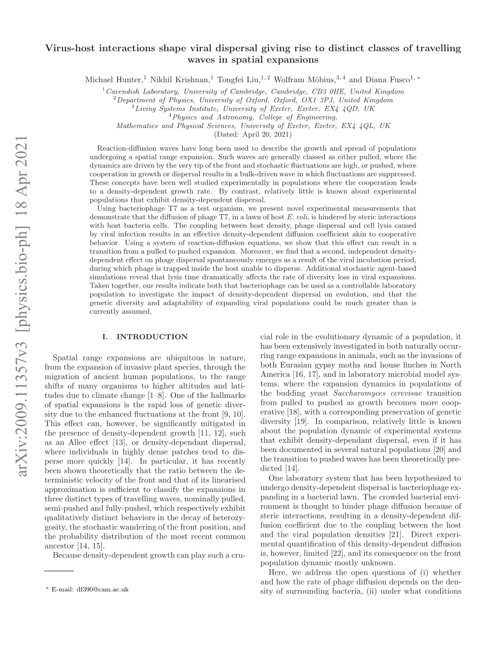 Arxiv:2009.11357V3 [Physics.Bio-Ph] 18 Apr 2021 H Rbblt Itiuino H Otrcn Common Recent Most 15]