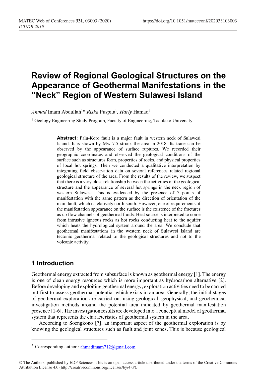 Review of Regional Geological Structures on the Appearance of Geothermal Manifestations in the “Neck” Region of Western Sulawesi Island