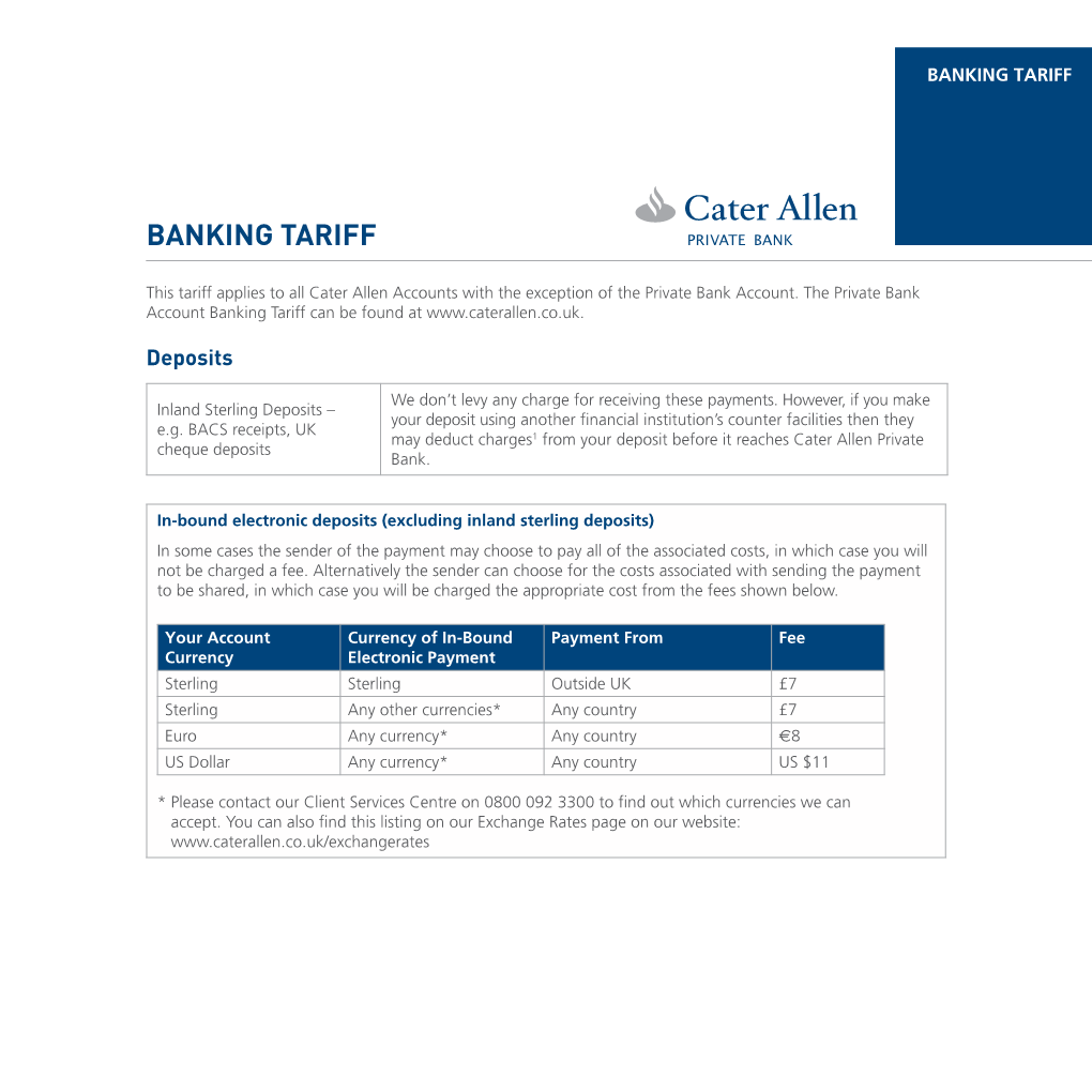 Banking Tariff