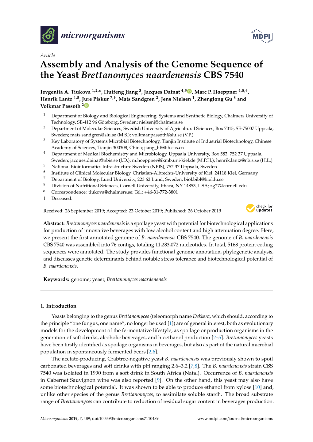 Assembly and Analysis of the Genome Sequence of the Yeast Brettanomyces Naardenensis CBS 7540