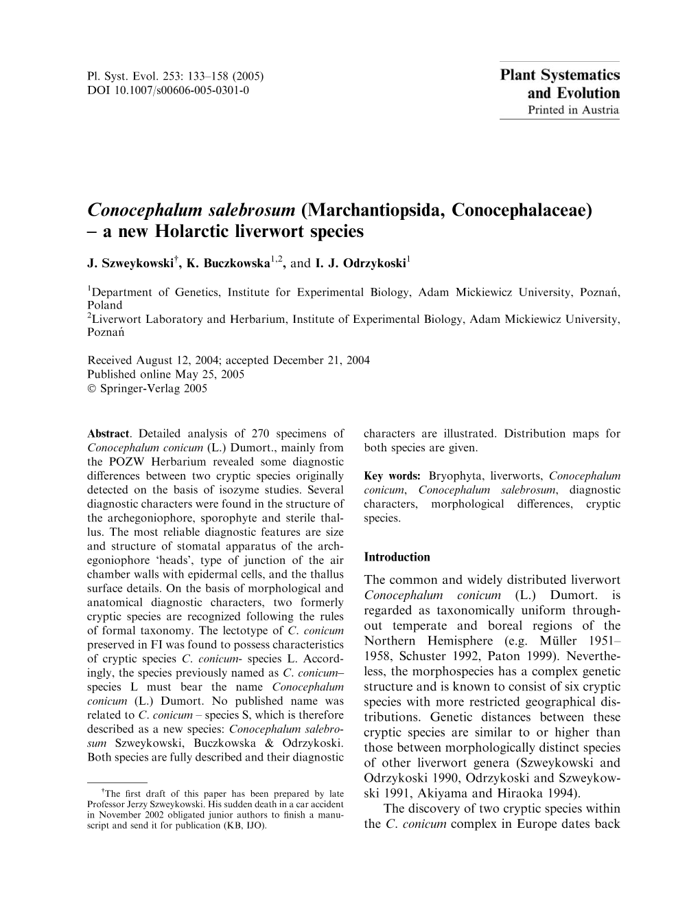 Conocephalum Salebrosum (Marchantiopsida, Conocephalaceae) – a New Holarctic Liverwort Species