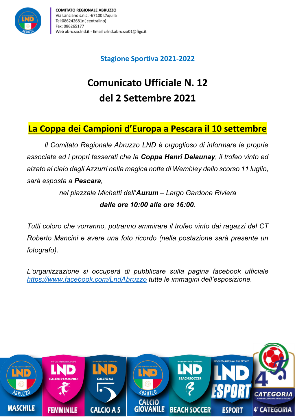 Comunicato Ufficiale N. 12 Del 2 Settembre 2021