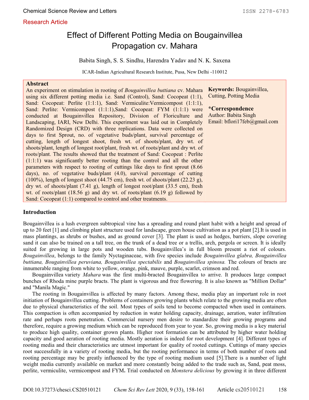 Effect of Different Potting Media on Bougainvillea Propagation Cv