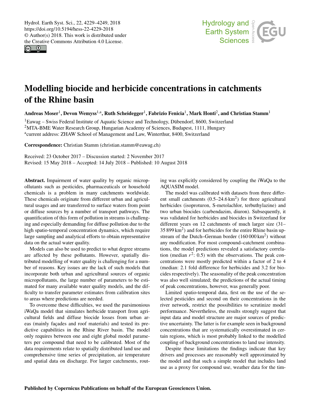 Modelling Biocide and Herbicide Concentrations in Catchments of the Rhine Basin