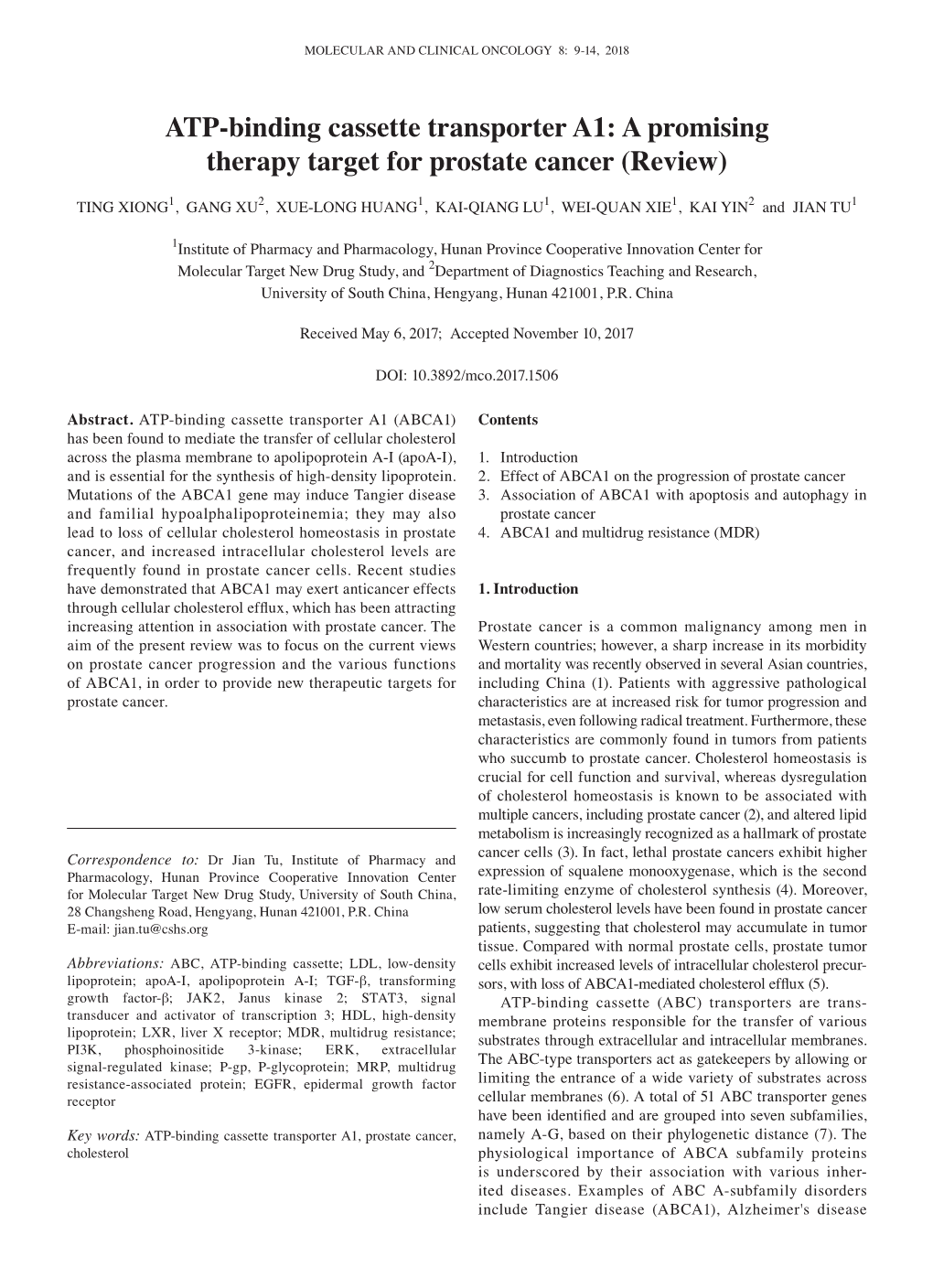 ATP‑Binding Cassette Transporter A1: a Promising Therapy Target for Prostate Cancer (Review)