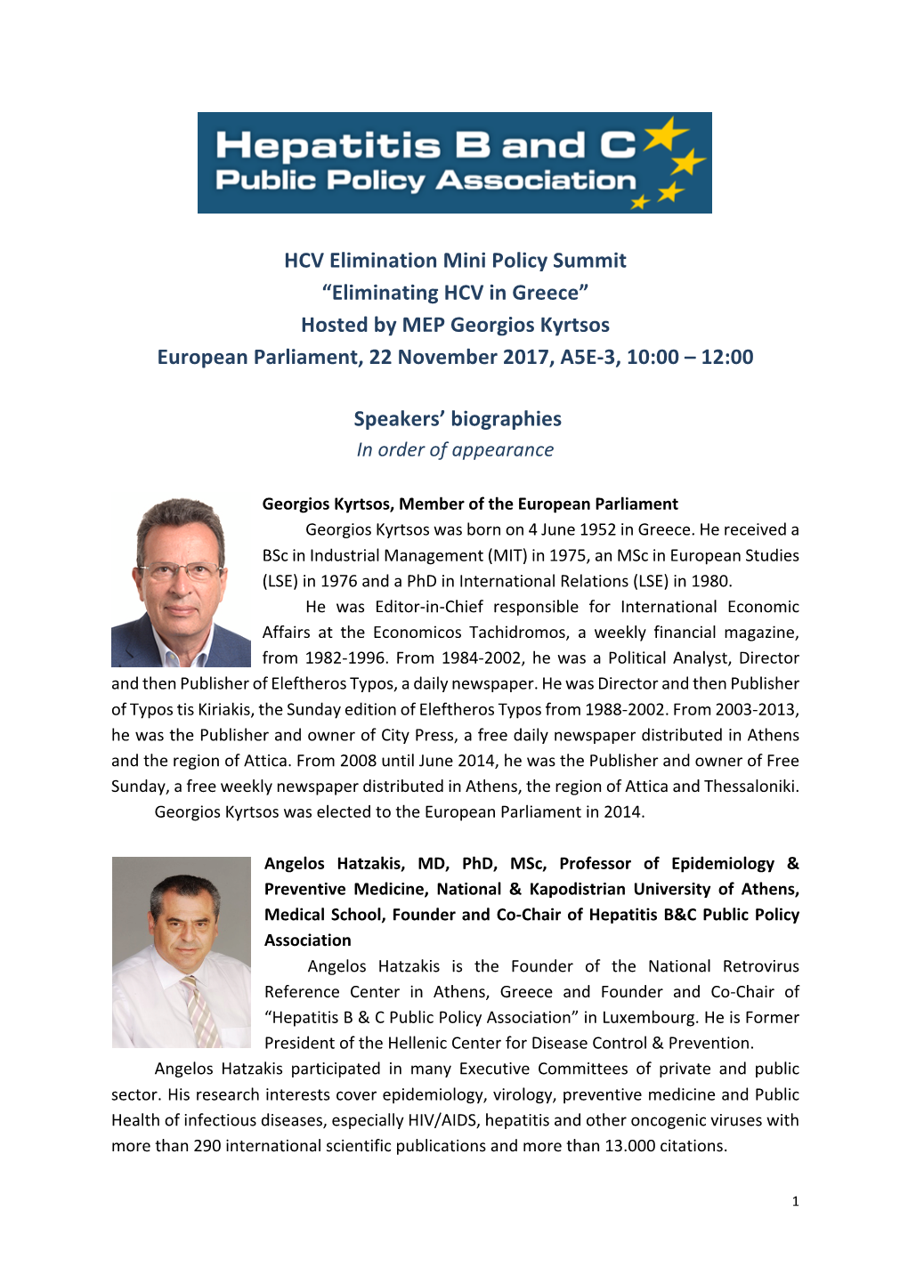 HCV Elimination Mini Policy Summit Greece Speakers Biographies 2017
