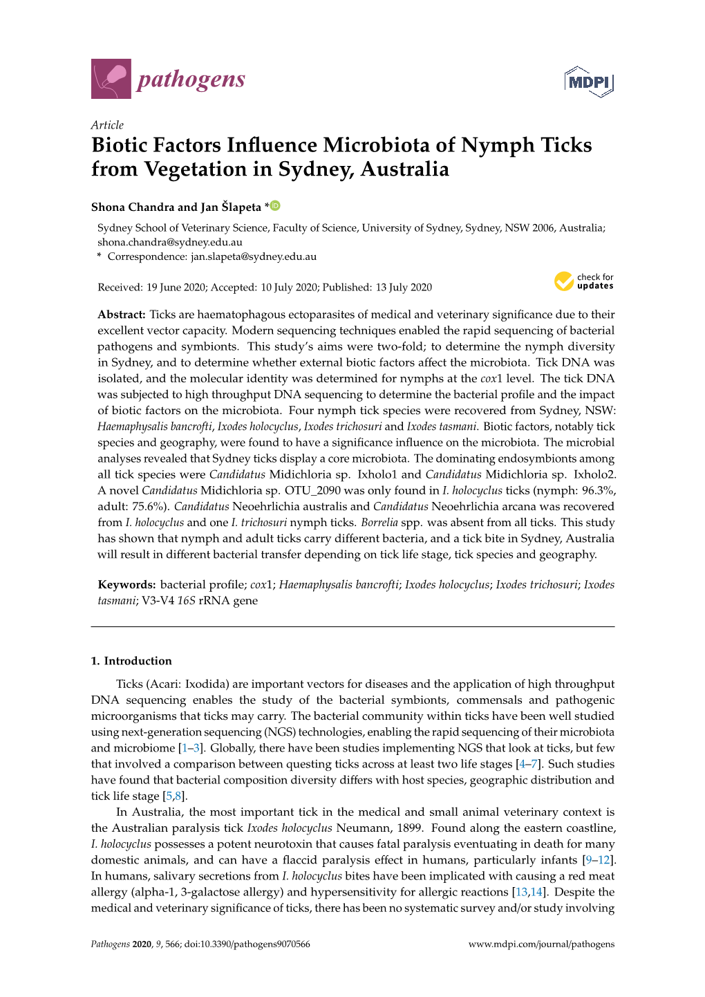 Biotic Factors Influence Microbiota of Nymph Ticks from Vegetation In