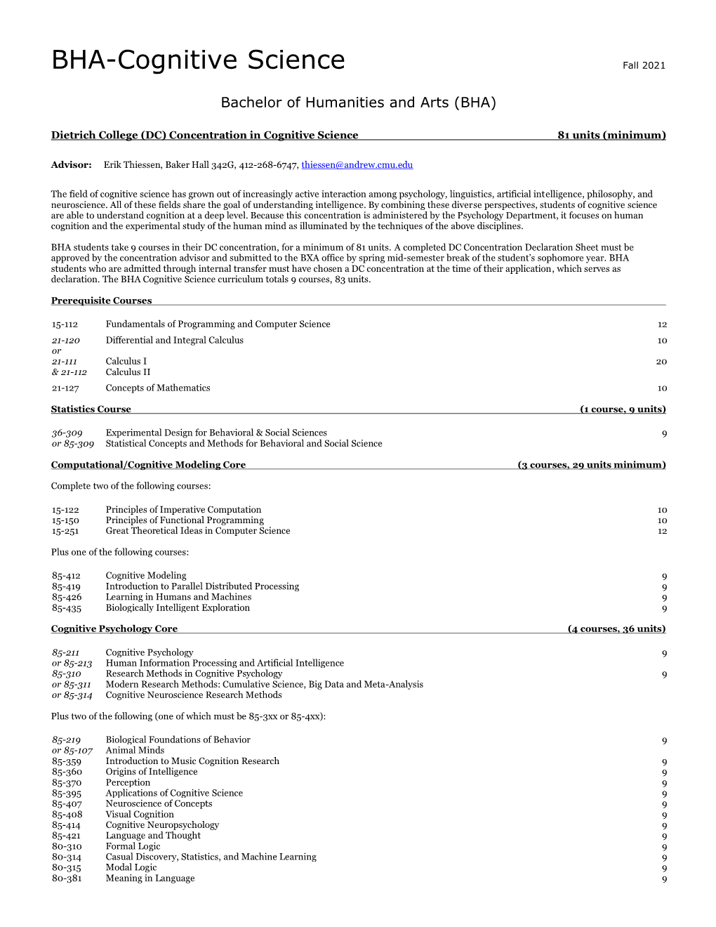 BHA Cognitive Science Concentration