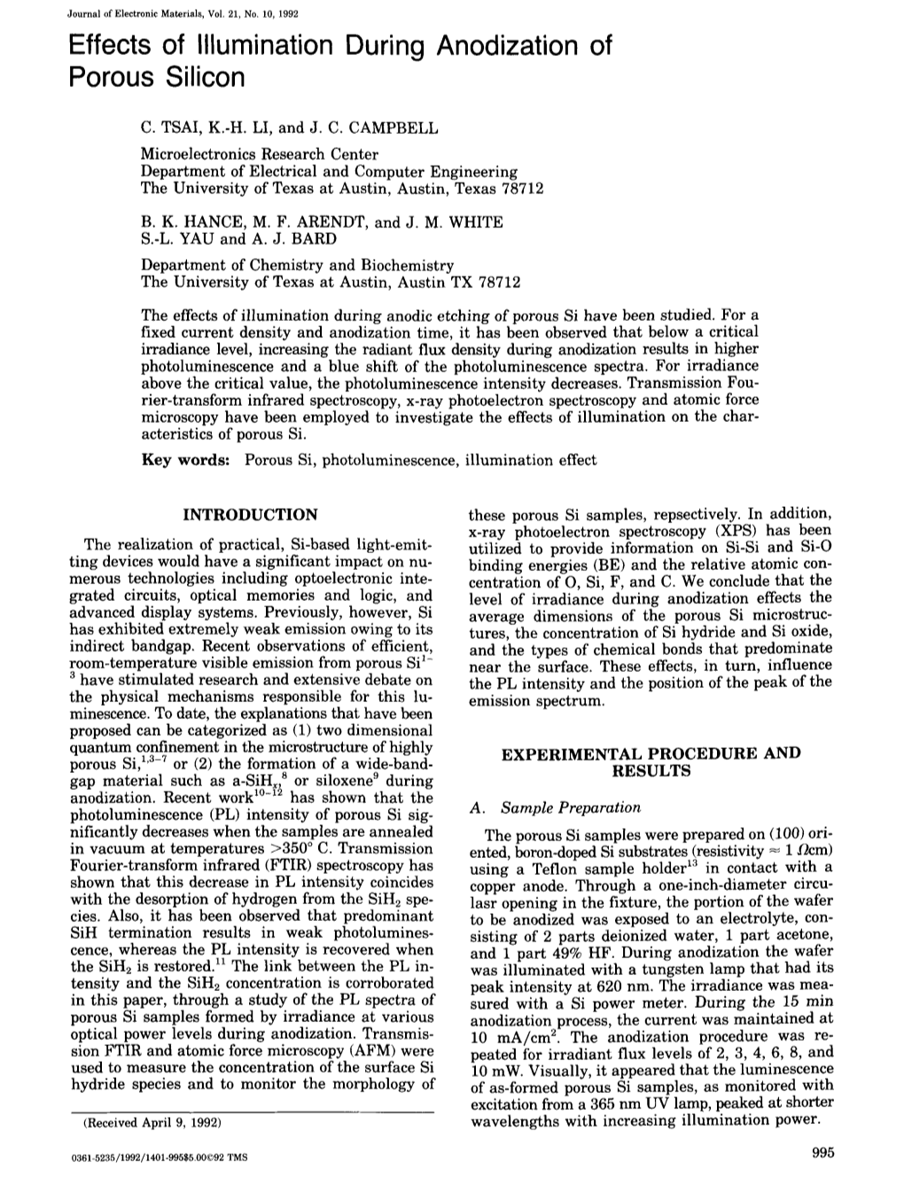 Effects of Illumination During Anodization of Porous Silicon