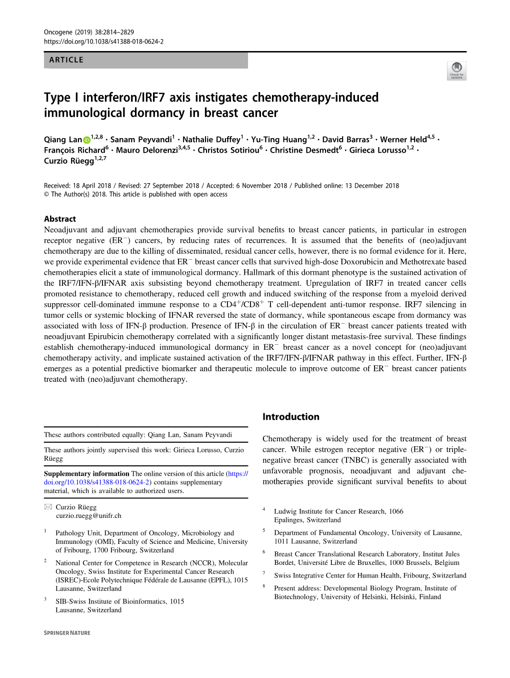 Type I Interferon/IRF7 Axis Instigates Chemotherapy-Induced Immunological Dormancy in Breast Cancer