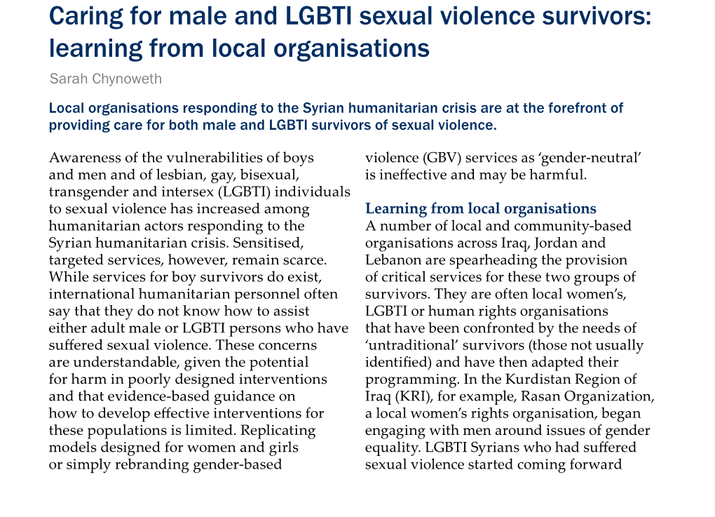 Caring for Male and LGBTI Sexual Violence Survivors: Learning From