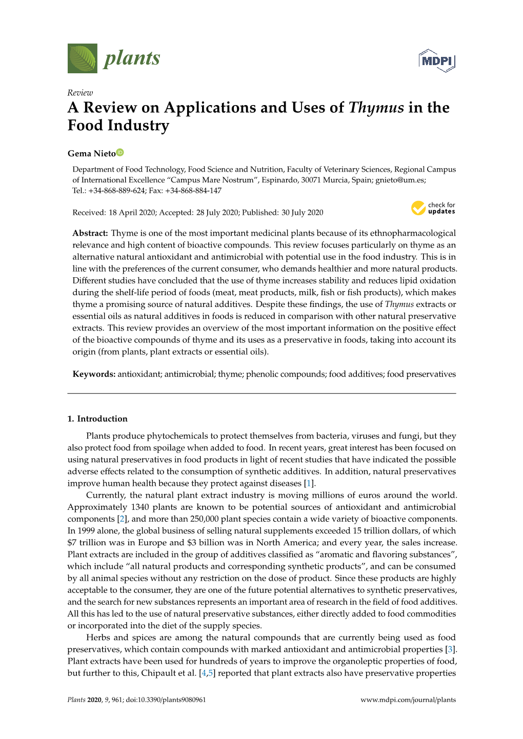 A Review on Applications and Uses of Thymus in the Food Industry