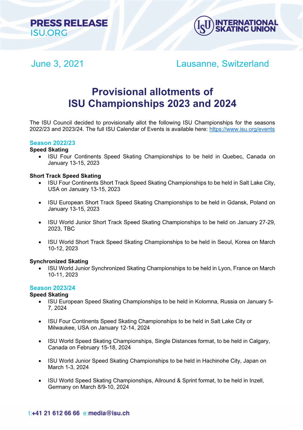 Provisional Allotments of ISU Championships 2023 and 2024