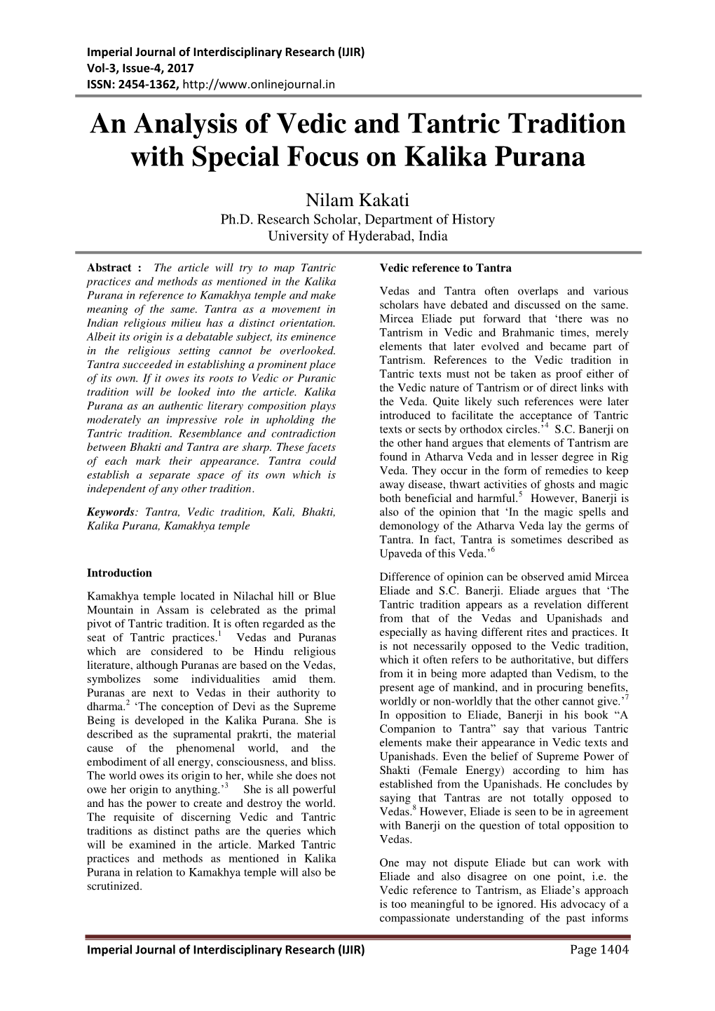 An Analysis of Vedic and Tantric Tradition with Special Focus on Kalika Purana