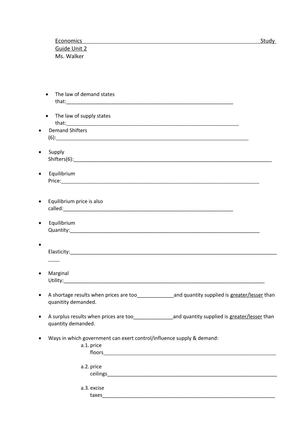 Economics - Unit 2 Test