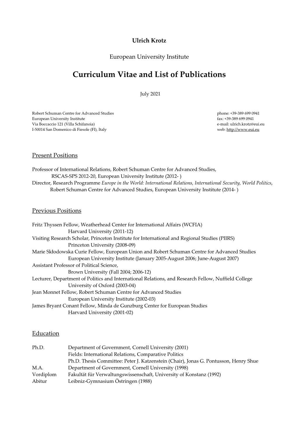 Curriculum Vitae and List of Publications
