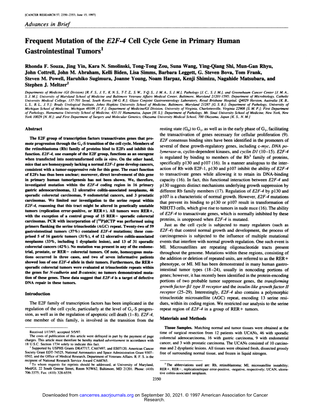 Frequent Mutation of the E2F-4 Cell Cycle Gene in Primary Human Gastrointestinal Tumors'