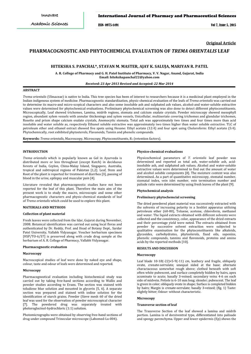 Pharmacognostic and Phytochemical Evaluation of Trema Orientalis Leaf