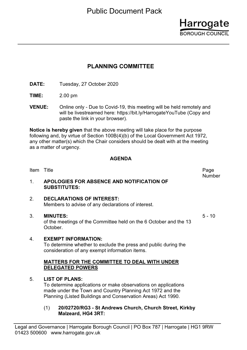 (Public Pack)Agenda Document for Planning Committee, 27/10/2020