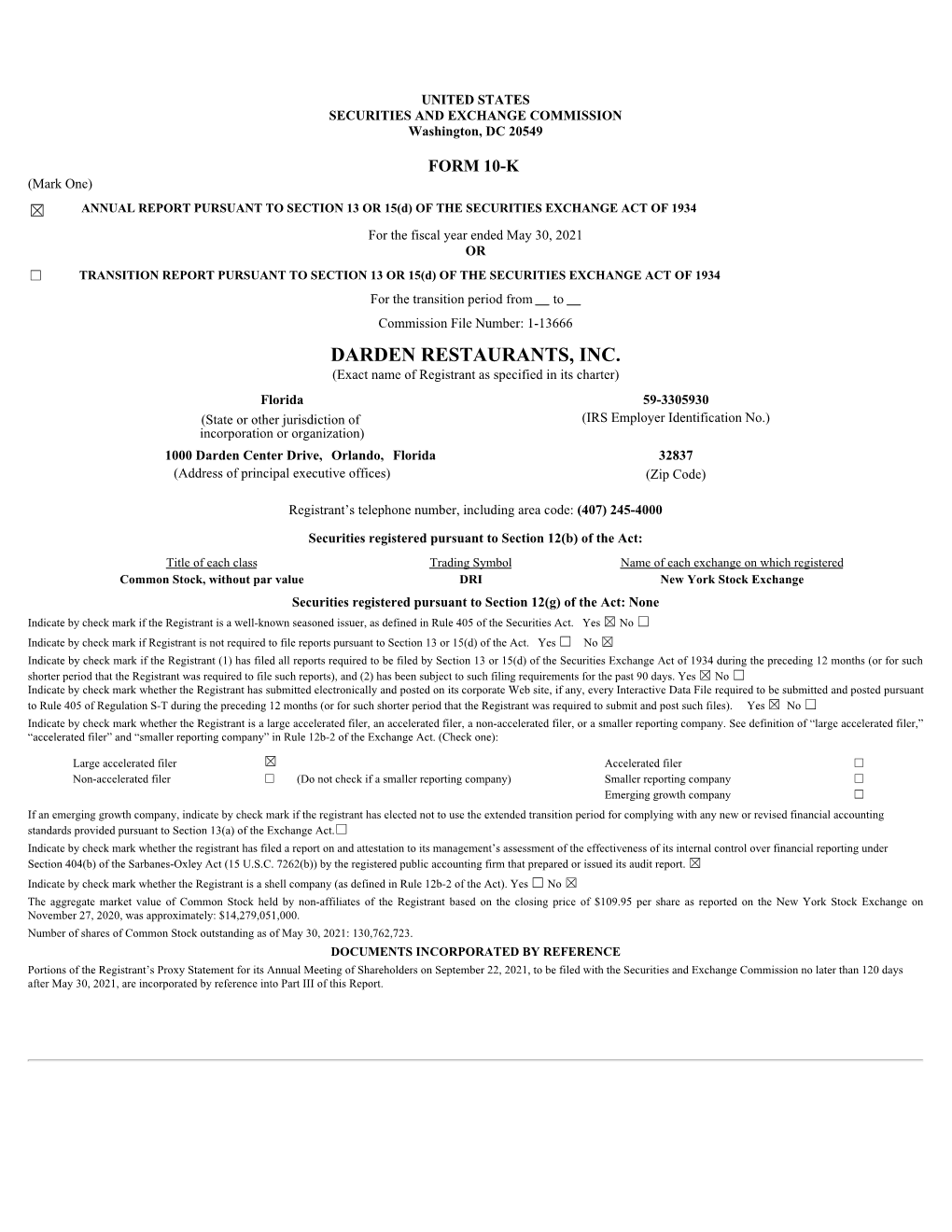 DARDEN RESTAURANTS, INC. (Exact Name of Registrant As Specified in Its Charter)