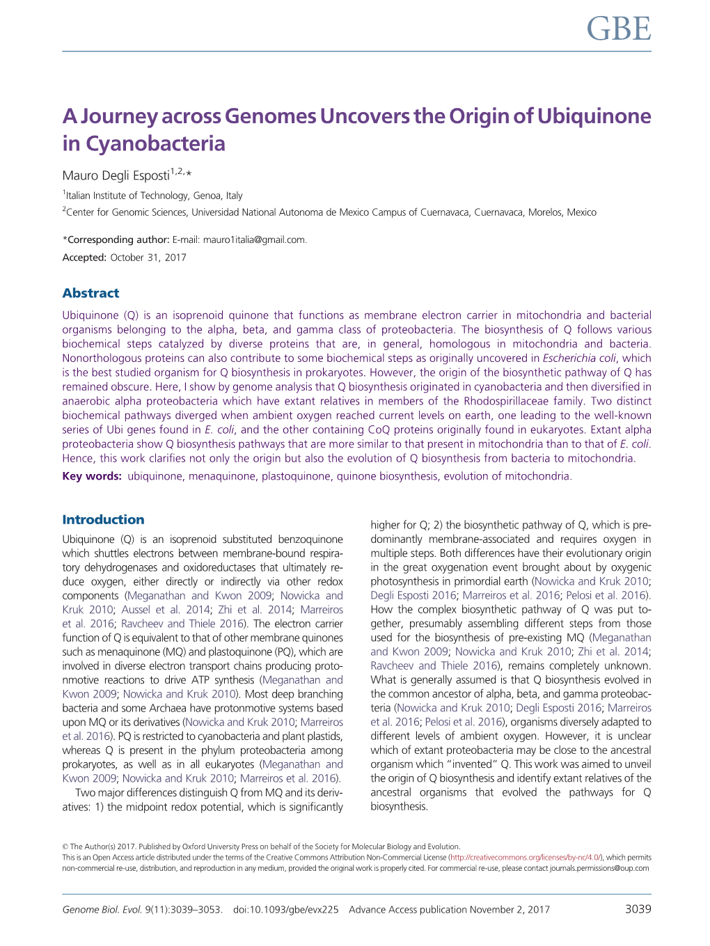 A Journey Across Genomes Uncovers the Origin of Ubiquinone in Cyanobacteria