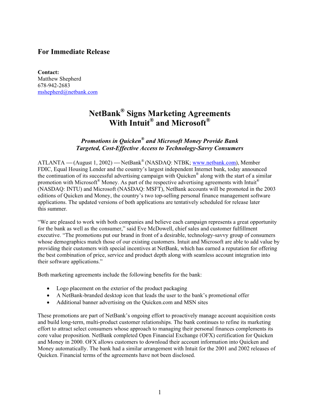 Netbank® Signs Marketing Agreements with Intuit® and Microsoft®