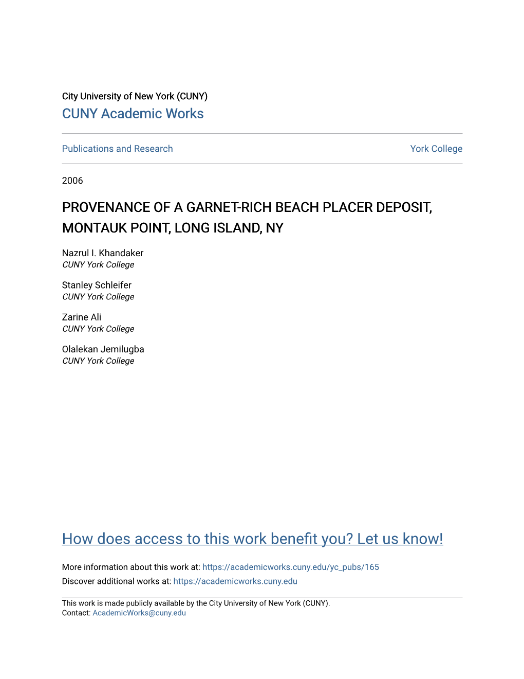 Provenance of a Garnet-Rich Beach Placer Deposit, Montauk Point, Long Island, Ny