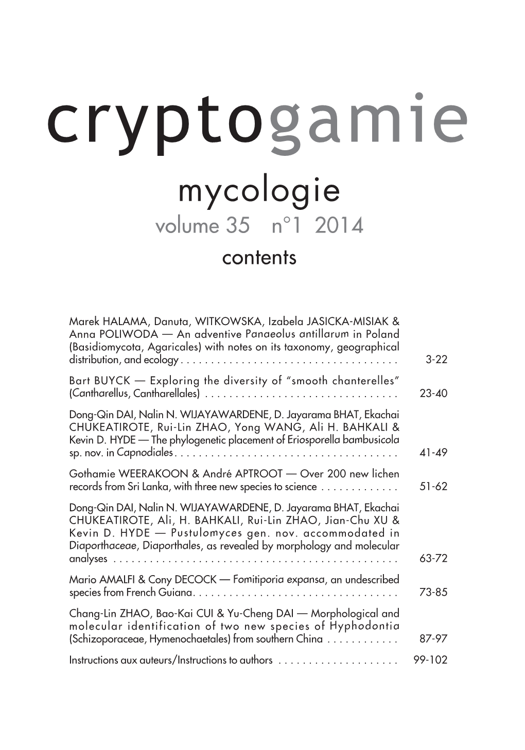 Cryptogamie Mycologie Volume 35 N°1 2014 Contents