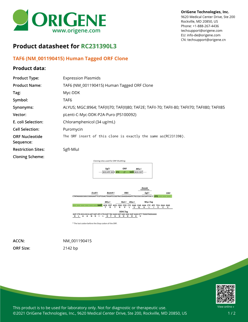 TAF6 (NM 001190415) Human Tagged ORF Clone Product Data