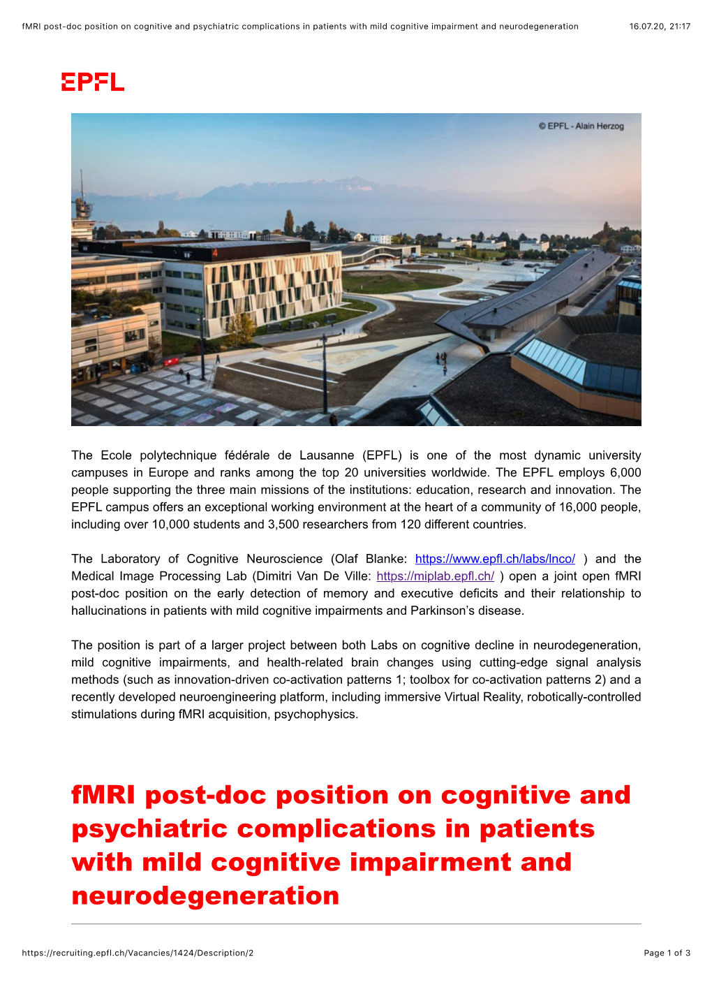 Fmri Post-Doc Position on Cognitive and Psychiatric Complications in Patients with Mild Cognitive Impairment and Neurodegeneration 16.07.20, 21:17