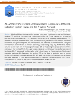 An Architectural Metrics Scorecard Based Approach to Intrusion Detection System Evaluation for Wireless Network by Rupinder Singh & Dr