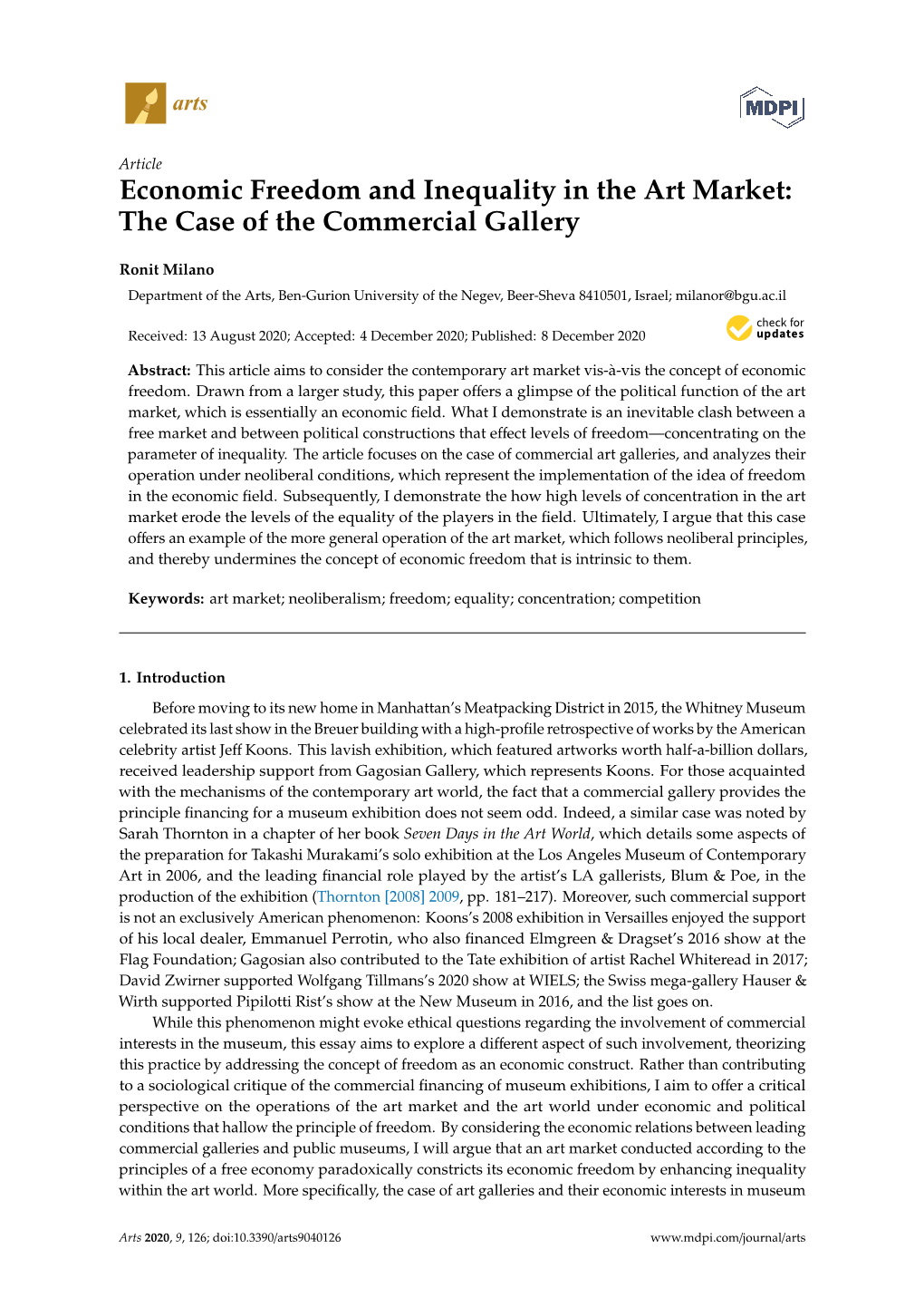 Economic Freedom and Inequality in the Art Market: the Case of the Commercial Gallery