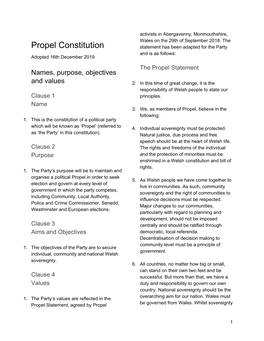 Propel Constitution Statement Has Been Adapted for the Party and Is As Follows: Adopted 16Th December 2019 the Propel Statement Names, Purpose, Objectives