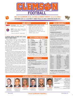 Game Center 2018 Schedule/Results Clemson Football Athletic Communications Media Availability Credentials
