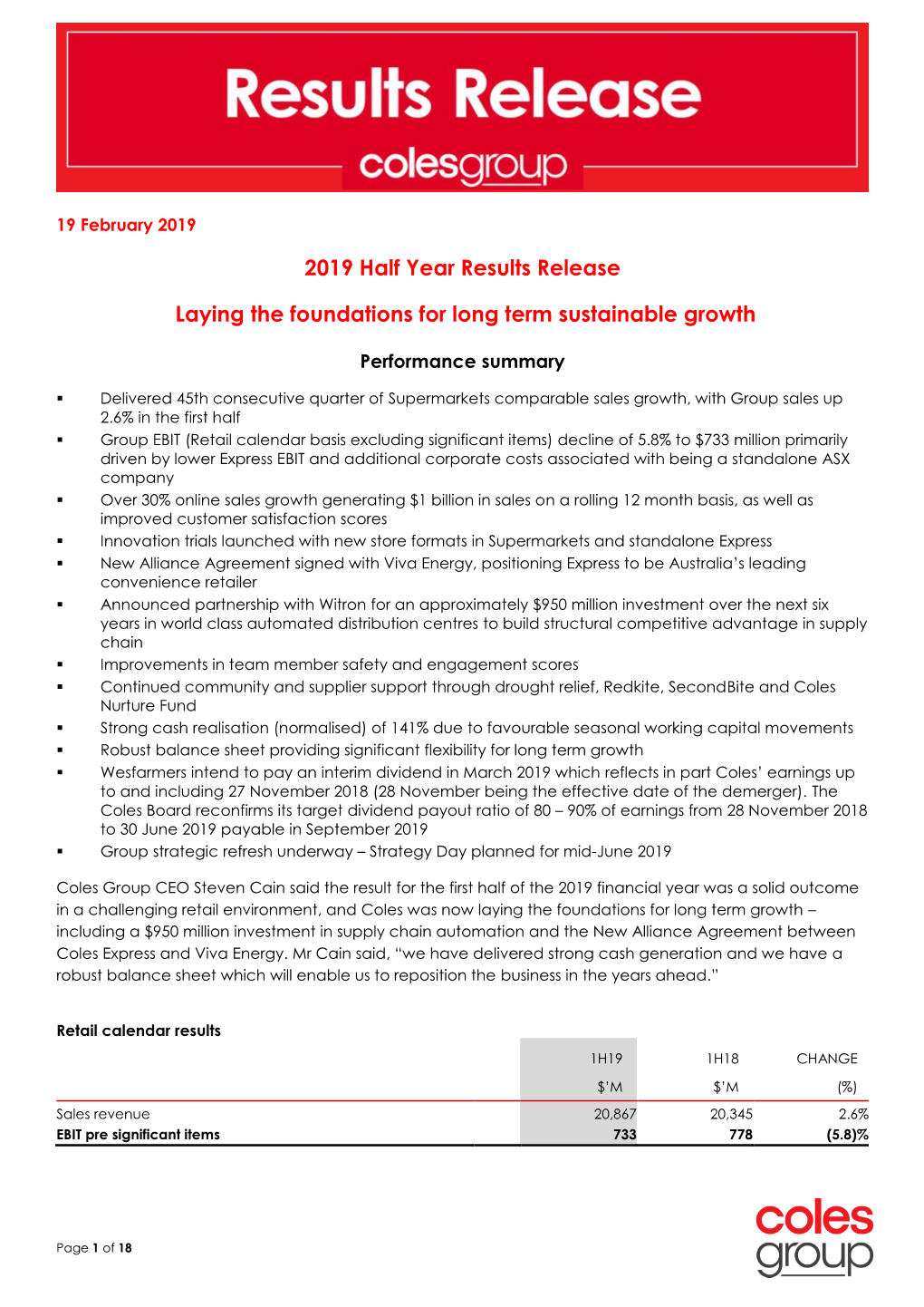 2019 Half Year Results Release Laying the Foundations for Long Term