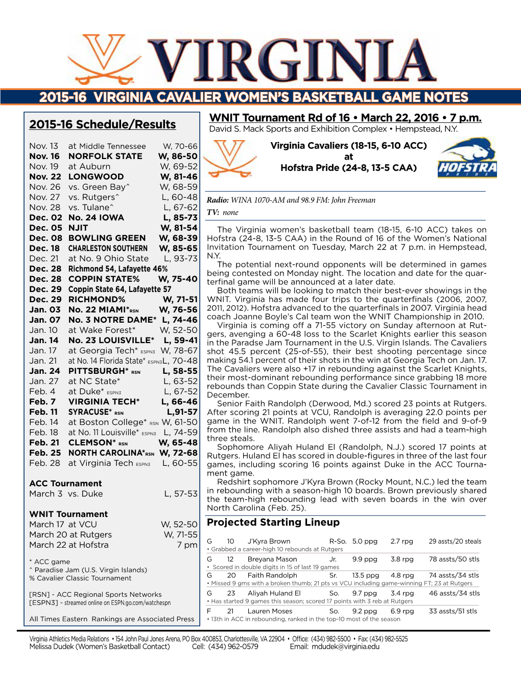 2015-16 Virginia Cavalier Women's Basketball Game