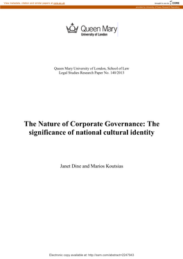 The Nature of Corporate Governance: the Significance of National Cultural Identity