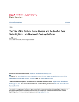 Lux V. Haggin" and the Conflict Over Water Rights in Late Nineteenth-Century California