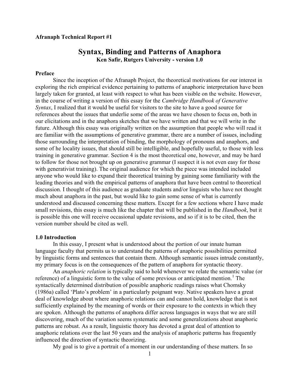 Syntax, Binding and Patterns of Anaphora Ken Safir, Rutgers University - Version 1.0