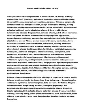 List of SSRI Effects Spirits for MD Widespread Use of Antidepressants