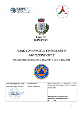 Piano Comunale Di Emergenza Di Protezione Civile Ai Sensi Della Dgr Lazio N.363/2014 E Dgr N.415/2015