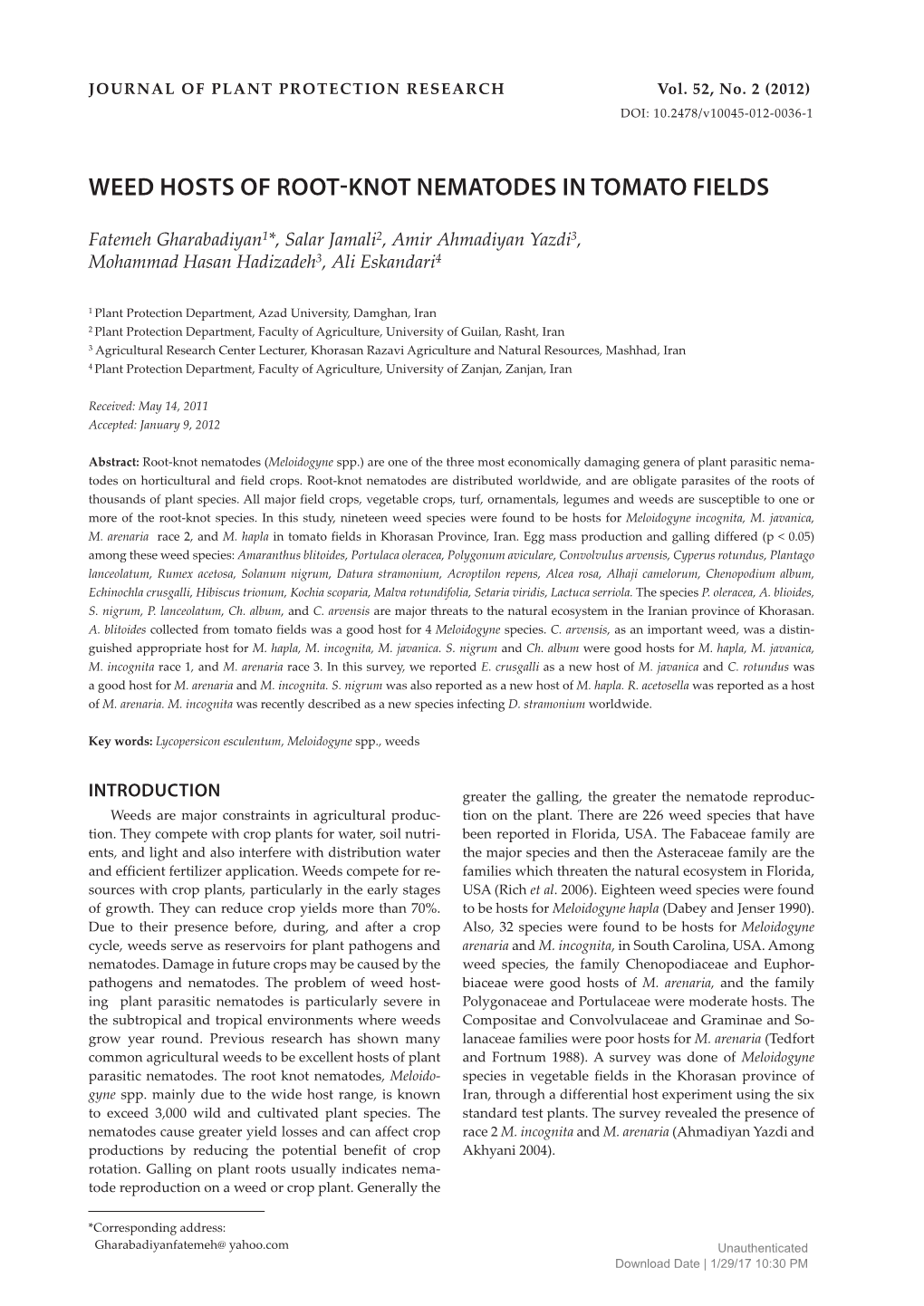 Weed Hosts of Root-Knot Nematodes in Tomato Fields