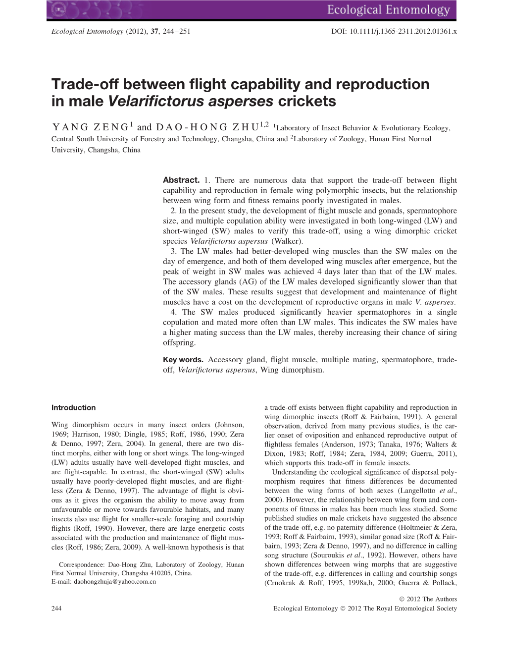 Tradeoff Between Flight Capability and Reproduction in Male