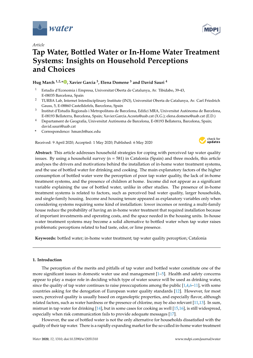 Tap Water, Bottled Water Or In-Home Water Treatment Systems: Insights on Household Perceptions and Choices