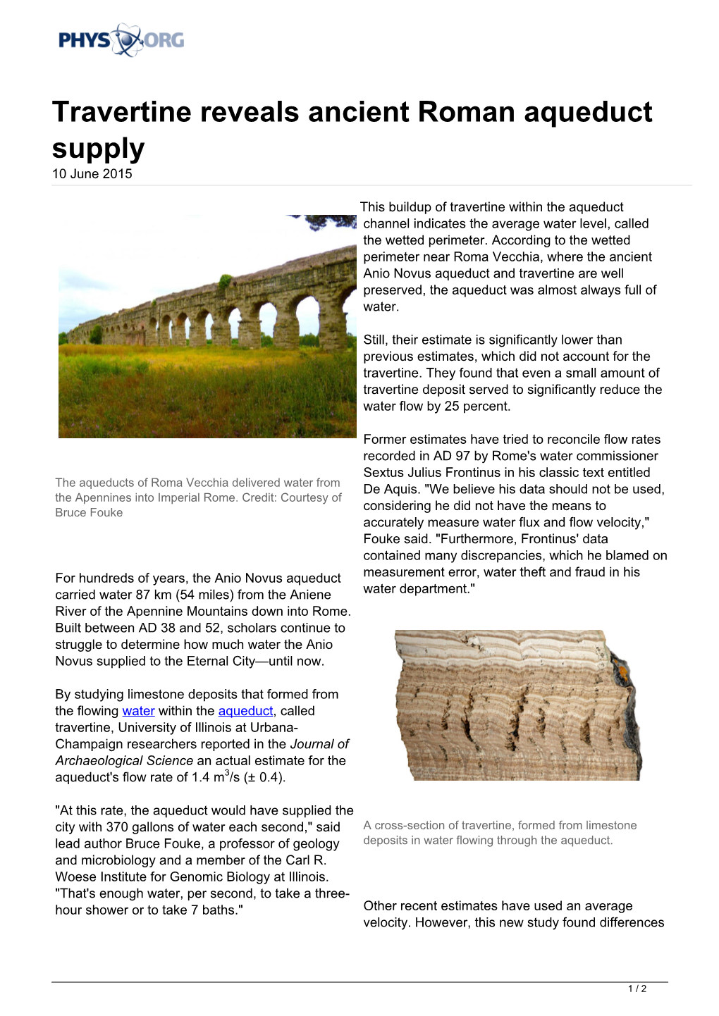 Travertine Reveals Ancient Roman Aqueduct Supply 10 June 2015