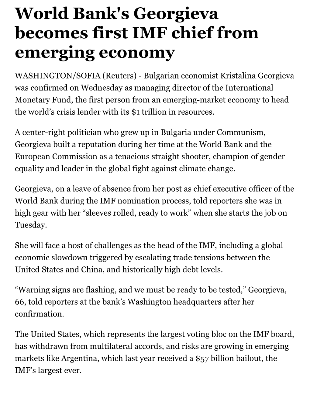 World Bank's Georgieva Becomes First IMF Chief from Emerging Economy