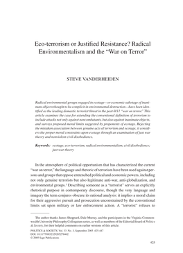 Eco-Terrorism Or Justified Resistance? Radical Environmentalism and the “War on Terror”